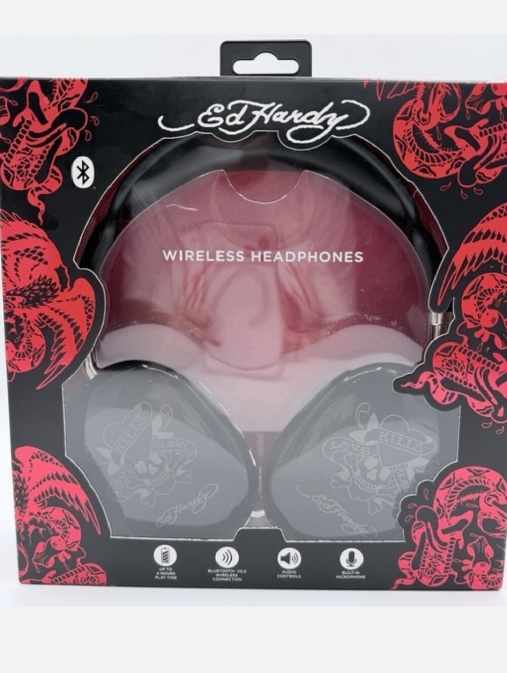 🖤▪️Ed Hardy▪️black Wireless Bluetooth Headphones with Tattoo Skull Graphic